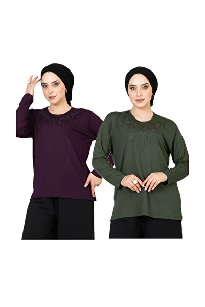 nacar çarşı Bluză din bumbac pieptănat pentru mamă - Set de 2 cu mâneci lungi...