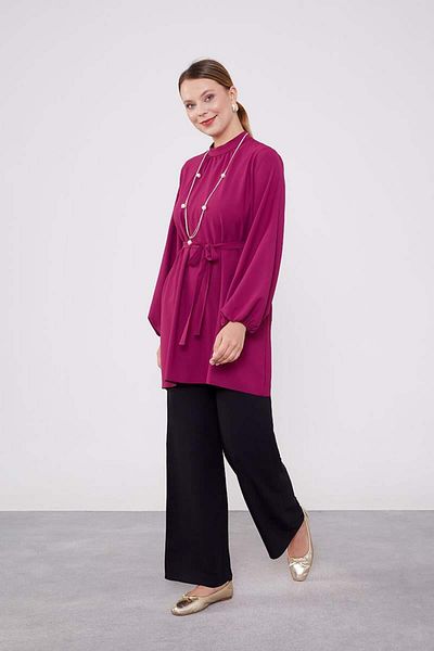 Levidor Fuchsia and Black Necklace Detailed Chiffon Tunic Set