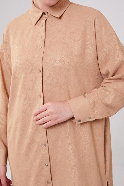 Levidor K.Bej Kendinden Desenli Jakarlı Tunik Takım