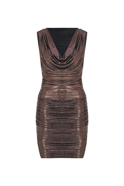 Stilsi Bronze Colored - Degaje Collar Shiny Draped Glittery Mini Women's Dress