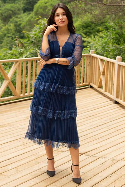 SpringStore Rochie de seara lunga din dantela bleumarin din tul