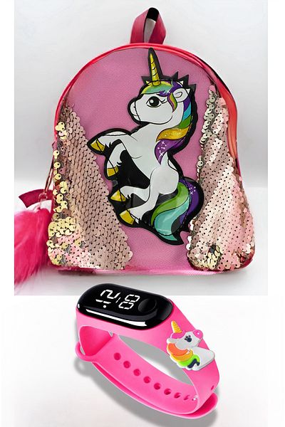 havzoria Unicorn Printed Cartoon Kids Backpack and Digital Clock