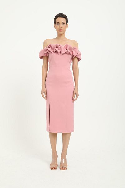Stilsi Ροζ Midi Φόρεμα - Off Shoulder, Λεπτομέρεια Ruffle, Υφαντό ύφασμα