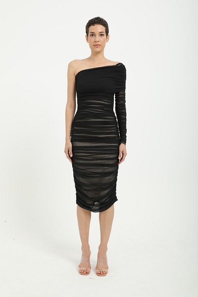 Stilsi Rochie midi neagră cu un singur umăr cu mânecă lungă - țesătură tricotată
