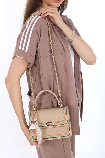 Piedra New Season - Women's Bag with Plenty of Compartments, Gold Colored Chain Strap and Scarf Accessory