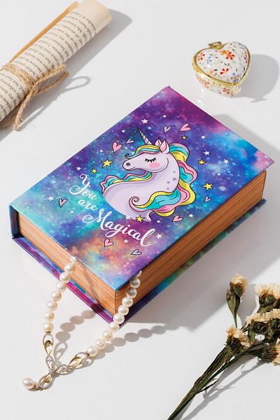 Hayveys Organizator de accesorii pentru bijuterii, mini cutie de cărți decorată cu unicorn