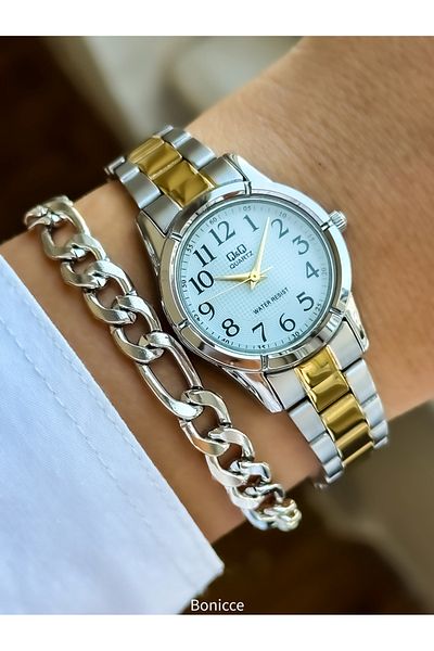 Q&Q Brand Yellow/Silver Color, Steel Strap, Women's Wristwatch with Numbers+Bracelet