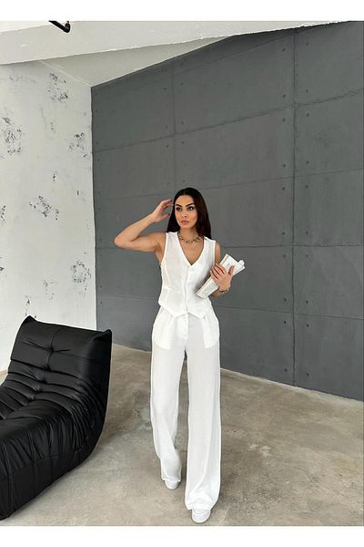 Zeo Basic White Colored Linen Set -BasicVest and Wide Leg Trousers