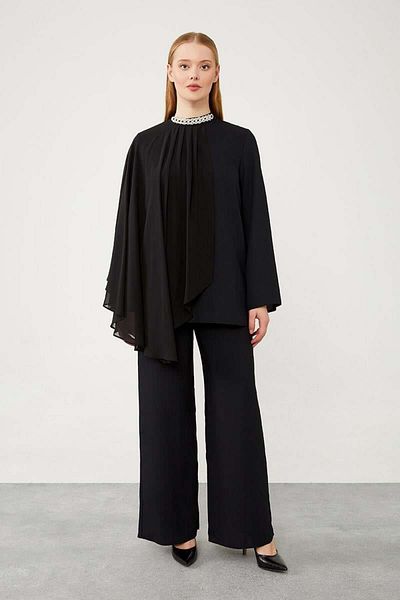 Levidor Chiffon Tulle Black Necklace Trousers Set
