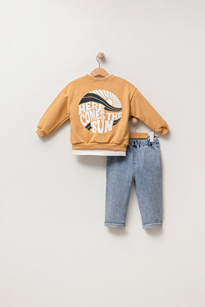 Jikko Baby Baskılı Sweatshirt Kot Pantolon 3'lü Bebek Çocuk Takımı 9039