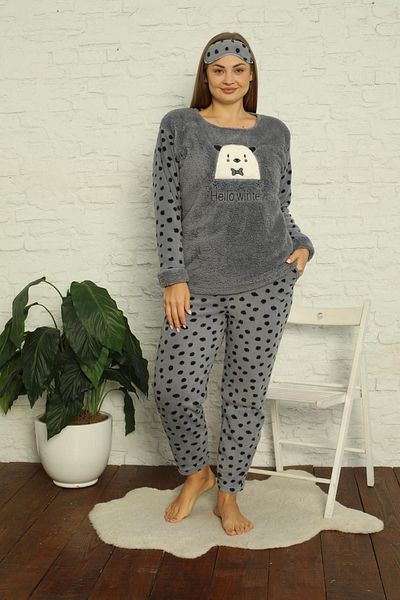 Akasya Women's Pocket Polka Dot Plus Size Fleece Pajama Set 2141