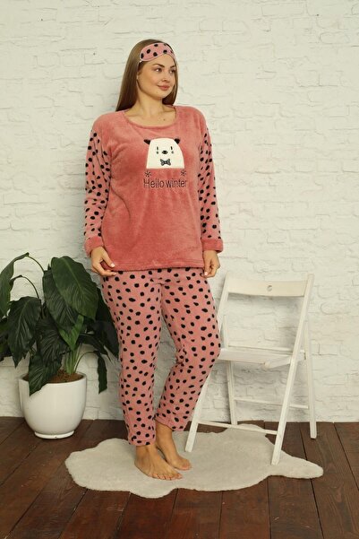 Akasya Kadın Cepli Puantiyeli Büyük Beden Polar Pijama Takımı 2141