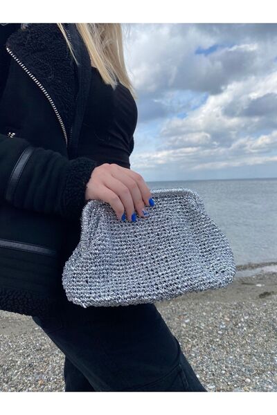 hati . Bags Parlak Metalik Silver Clutch Burslu Portföy Hasır Çanta