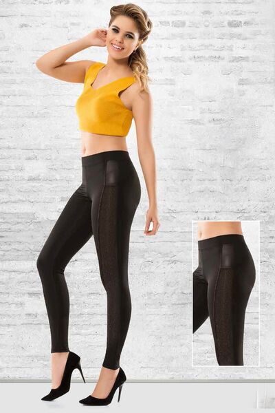 Akasya Deri Detaylı Taş Dizayn Günlük Kadın Spor Tayt