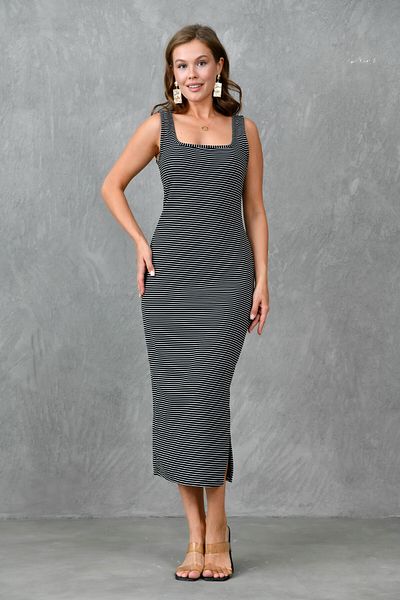 bayansepeti Țesătură de bumbac elastic neagră, decolteu în U, curea groasă, model în dungi, rochie midi de bază 12224