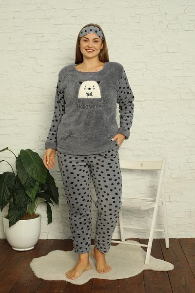 Akasya Women's Pocket Polka Dot Plus Size Fleece Pajama Set 2141
