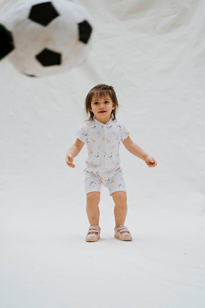 molica baby Kısa Kollu Şortlu Tulum Bebek Tilki Baskılı Organik Pamuk