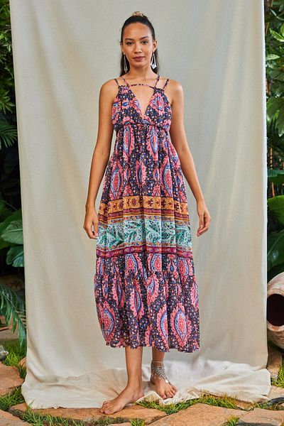 GIA - ART Navy Blue Long Chiffon DreSS - Ethnic Pattern, Back Detail and Lined