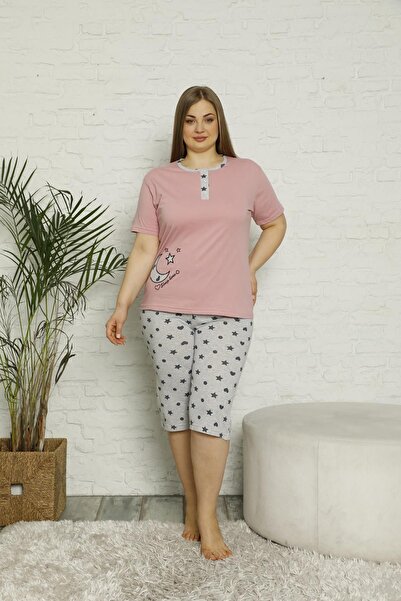 Akasya Kadın Kısa Kollu Yaka Düğmeli Ve Cepli Battal Beden Kapri Pijama Takım...