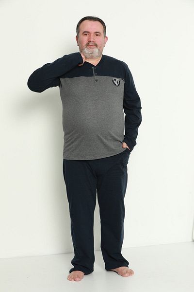 Akasya Men's Anthracite Long Sleeve Oversize Supreme Pajama Set with Pockets and Collar Buttons
