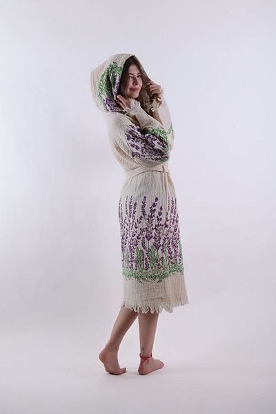 REİNA TEKS Lavender Patterned Muslin Cotton Peshtemal Bathrobe - 1 Piece Unisex Beach Kimono Kaftan