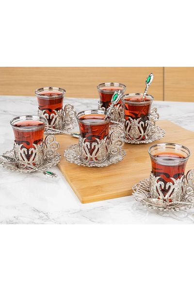 KT HOME Traditional Turkish Tea Set with Ottoman Motif - Set of 6 Cups with Spoon (Silver)