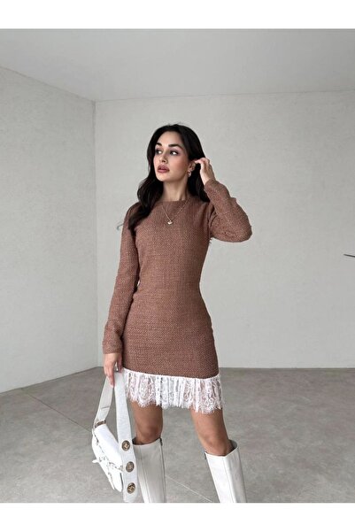 Afiş Butik Kahverengi Tüvit Etek Dantel Detaylı Elbise
