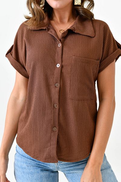 lovebox White Shirt - Women's Seersucker, Short Sleeve and Pocket Detail 9628