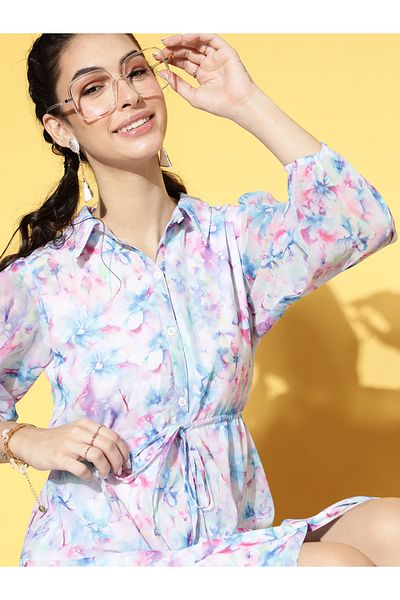 Athena By Styli Floral Print Shirt Maxi Dress with Drawstring