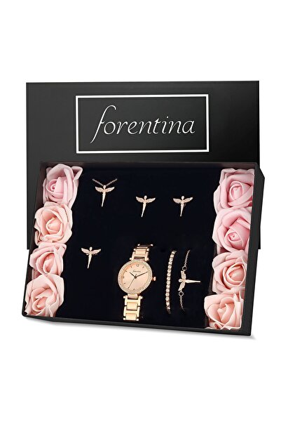 Forentina Rose Melek Kolye Küpe Bileklik Yüzük Saat - Yapay Güllü Kutuda Hedi...