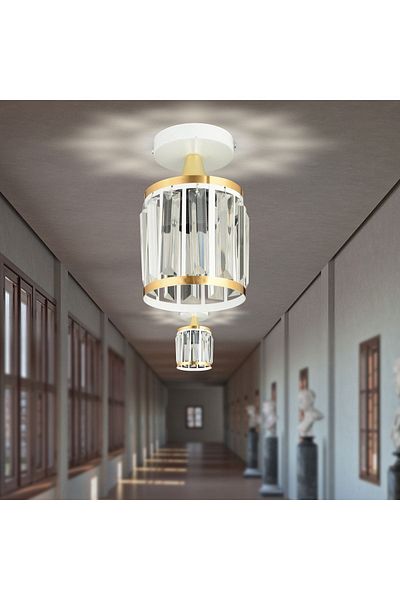 KARDELEN AYDINLATMA AVİZE White Crystal Stone Single Plafone Yellow Striped Cylinder Downward Facing Luxury Chandelier