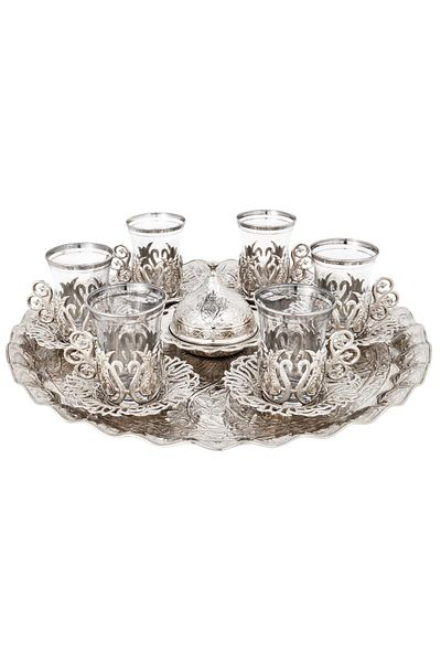 KT HOME Traditional Turkish Tea Set with Ottoman Motif - Set of 6 Cups with Spoon (Silver)