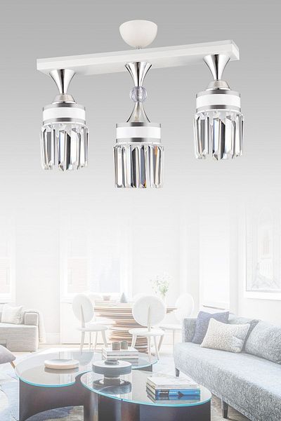 KARDELEN AYDINLATMA AVİZE Nairobi 3-Piece White Row Plafonier Crystal Stone Chrome Strip Cylinder Downward Facing Luxury Chandelier