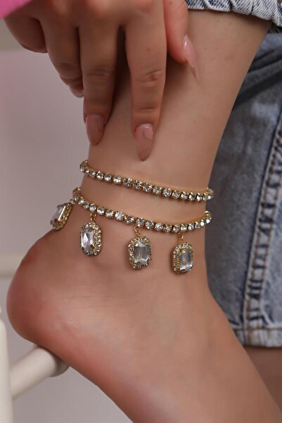 HUBANN 4 Baget Taşlı Su Yolu Kristal Taşlı Ikili Baget Halhal Gümüş Kaplama Baget Halhal Gold