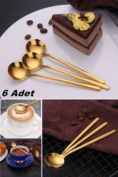 Kitchen Beauty 6Pcs Luxury Stainless Steel Spoon Gold Long Handle Round Dessert Spoon Coffee Ice Cream Espresso Spoon