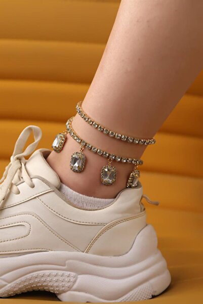 HUBANN 4 Baget Taşlı Su Yolu Kristal Taşlı Ikili Baget Halhal Gümüş Kaplama Baget Halhal Gold