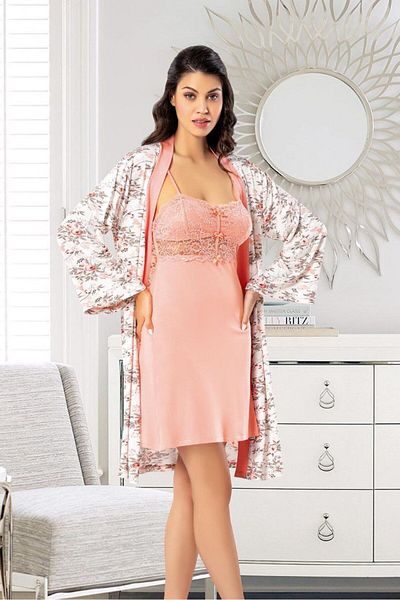 FAAL Set cămașă de noapte cu dantelă cu modele florale 6024 Somon
