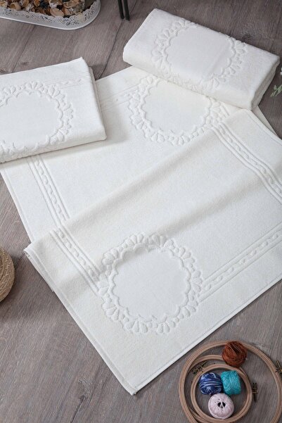 sarra 3'lü Etamin Işlemelik Paspas Takımı - Krem