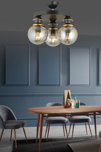 Genel Markalar Siyah 3'lü Plafonyer Füme Glop Camlı Aşağı Bakan Lüks Avize