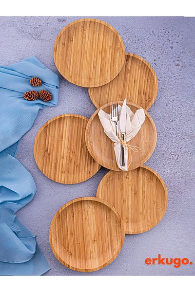 ERKUGO 6 Pieces Bamboo Round Plate and Presentation Set - Large Size (25x25 cm)