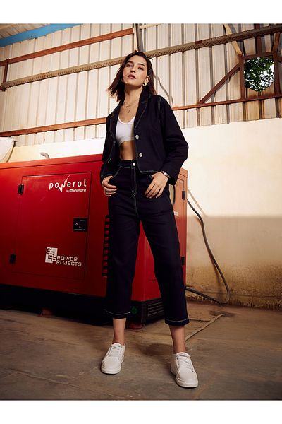 Athena By Styli Notch Lapel Denim Look Crop Top & Trousers Co-Ords
