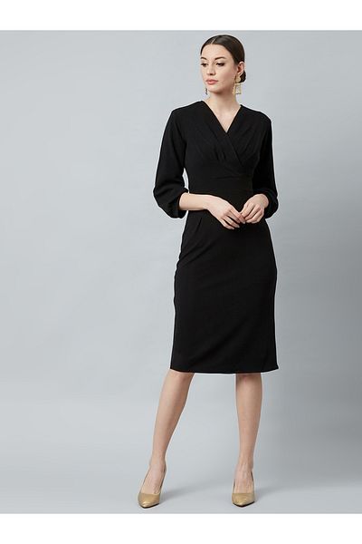 Athena By Styli Solid V Neck Sheath Knee Length Dress