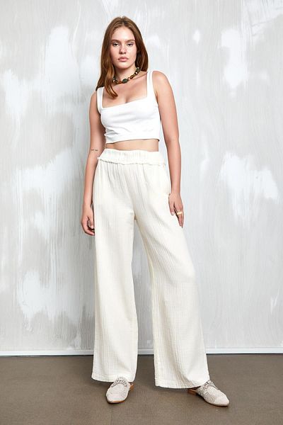 minaaise Loose Cut Natur Muslin Trousers - Elastic Waist 27352