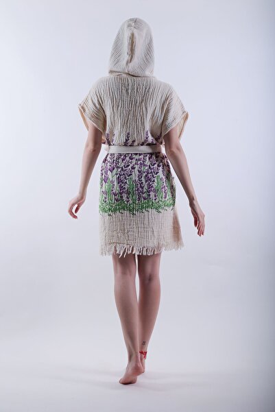 REİNA TEKS Cotton Lavender Patterned - Belted Hooded Vest 1 Piece Unisex Muslin Bathrobe