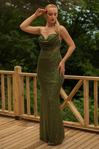 SpringStore Haki Straplez Degaje Yaka Pul Payet Abiye Elbise