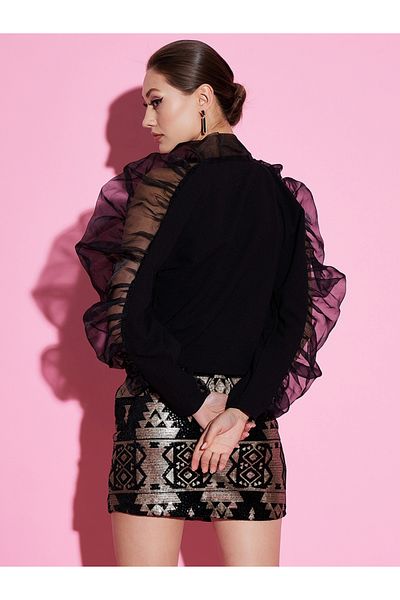 Athena By Styli Tie-Up Neck Organza Top with Puff Sleeves