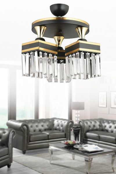 KARDELEN AYDINLATMA AVİZE Black Tray 3-Piece Crystal Stone Plafonier Yellow Stripe Square Downward Facing Luxury Chandelier