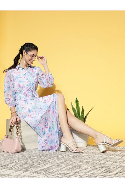Athena By Styli Floral Print Shirt Maxi Dress with Drawstring