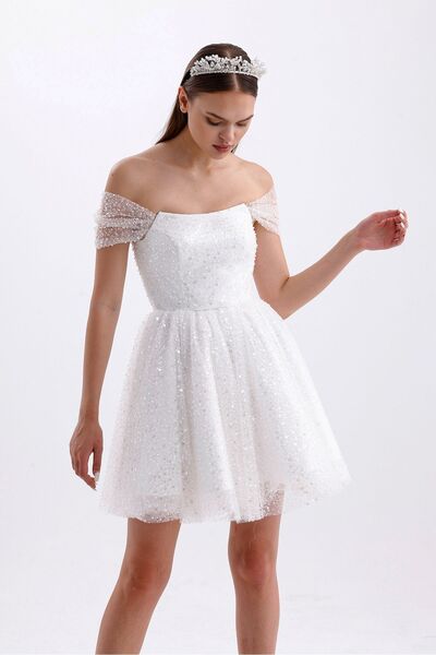 Tangül&Ali'S Moda Evi Λευκό Μίνι Φόρεμα - Κεντημένο με Χάντρες