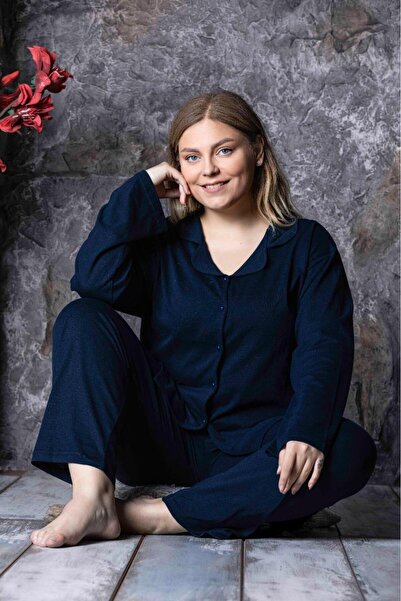 CALİA Kadın Battal Önden Düğmeli Büyük Beden Uzun Kol Gömlek Pijama Takımı